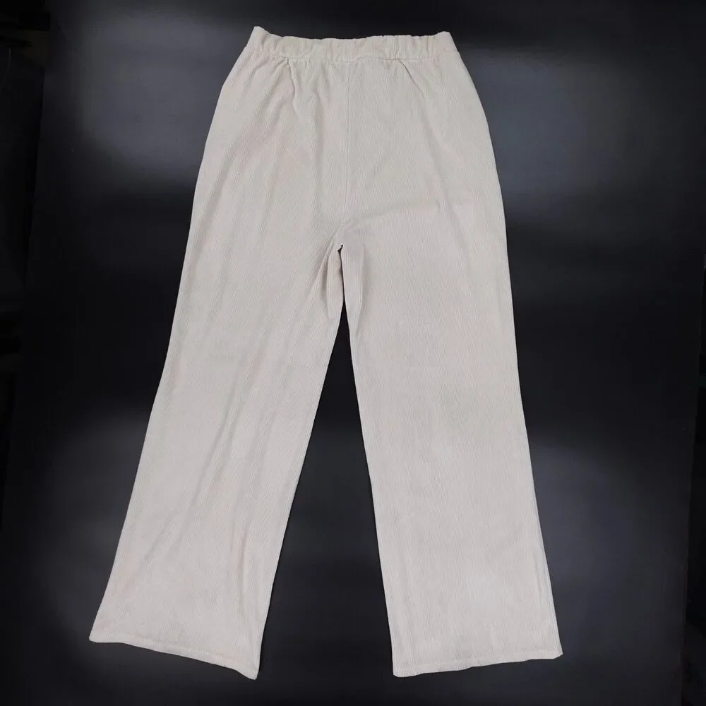 VUORI Haven Wide Leg Ribbed Knit Pant Suede Beige Athleisure Lounge Clean Girl - Picture 7 of 10